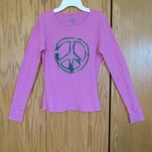 OLD NAVY WOMEN'S SIZE S TOP PINK GRAY DISTRESSED PEACE GRAPHIC THERMAL WAFFLE WE